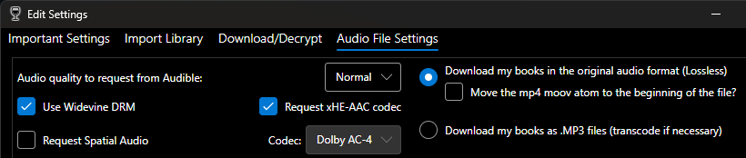 Audio format settings menu